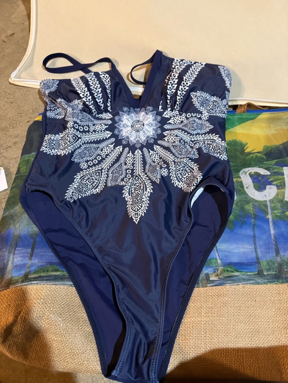 Kids Navy One-Piece Swimsuit with White Medallion Print
